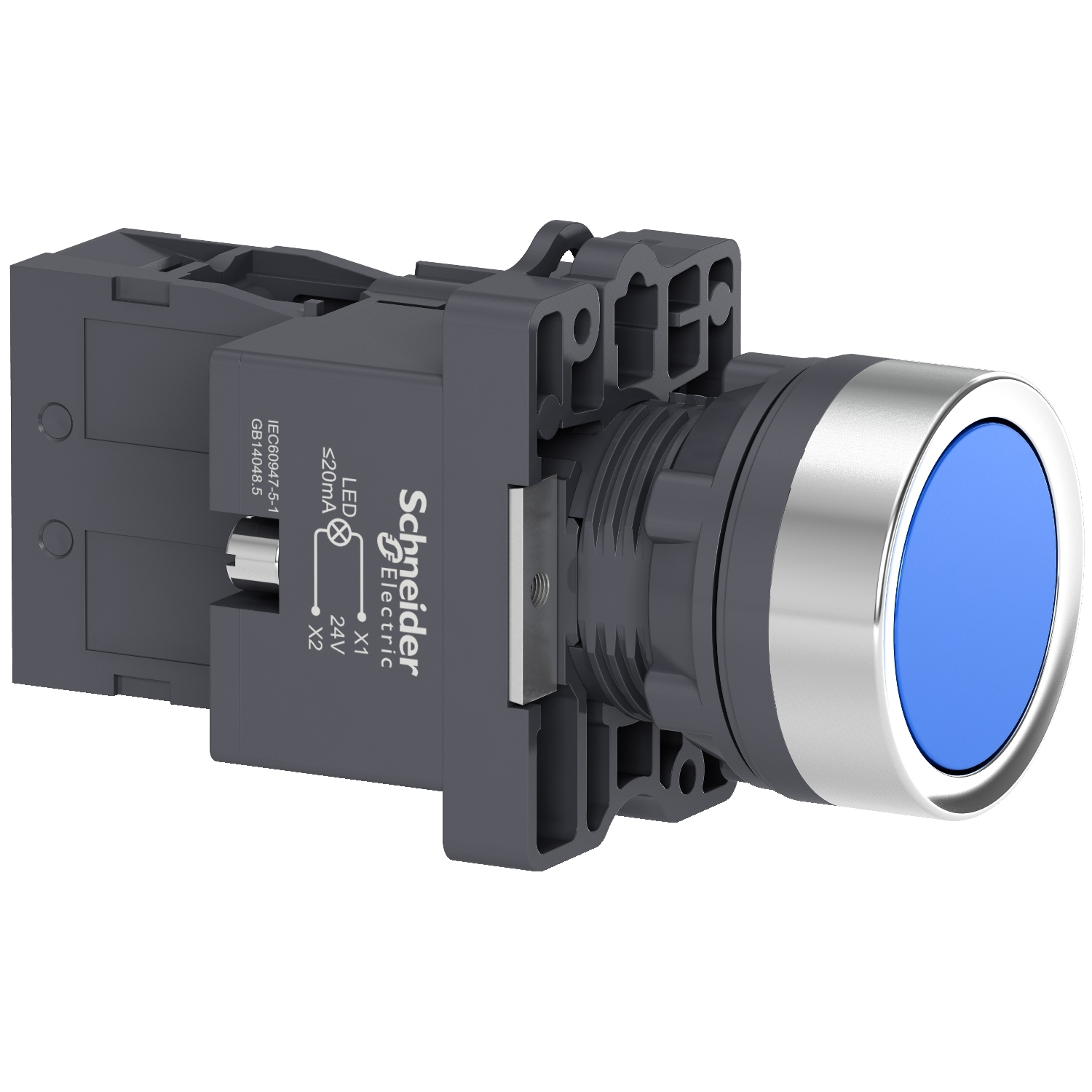 Botão luminoso Ø22mm plástico, retorno por mola, azul, NA, 24VCA/CC – XA2EW36B1 – Schneider