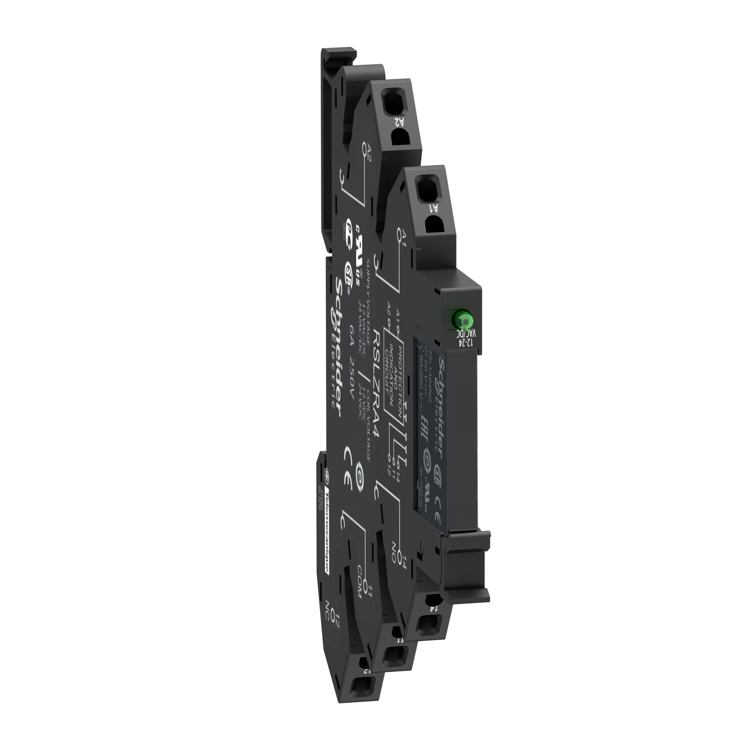RSL1PRBU – Relé de interface slim, 6A, 1NAF, com base de conexão por mola, LED, 24VCA/CC – Schneider